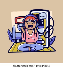 
Handrawn Listening Podcast Acivity yoga Illustration broadcasting, recording, gesture, podcaster for Mobile Application or web sites and banner design.