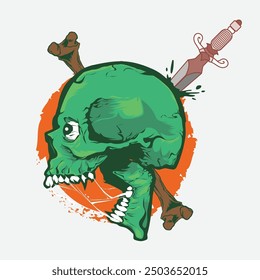 Handrawn Open Mouth Skull with Dagger and Bone Concept Vector Design Illustration