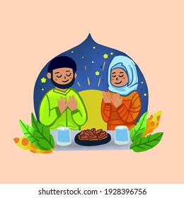 Ruptura de iftar de Ramadán de la mano ayunando el vector de ilustraciones de actividades de Ramadán usando para tarjeta, banner del sitio web