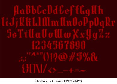 Handrawn red font. Gothic vintage style. Vector alphabet, numbers and symbols. Isolated on black background. Vol. 2