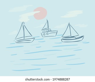 handrawn sailboats vehicles at the sea