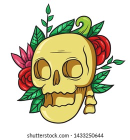 Handrawn skull with flower and leaves vector illustration. Rose, skull and leaves.