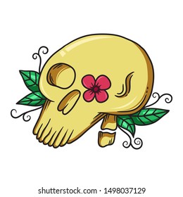 Handrawn skull head with flower and leaves vector illustration.