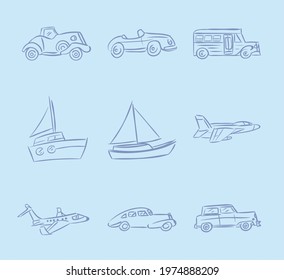 handrawn transportation and vehicle icon collection