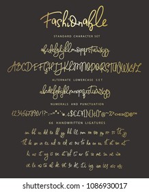 Handrawn vector alphabet. Letter for script font. Modern gold calligraphy. Marker painted abc with ligatures.