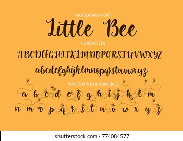 Handrawn vector alphabet. Modern calligraphic font. Brush painted letters with decorative alternates with bees.