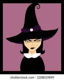 handrawn vector illustration of a cute witch with a dangerous wicked eyes and curly mischievous smile, hiding under a hat, eps 10 witchcraft, perfect fora halloween