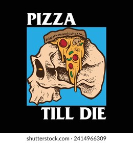 Handrawn Vector Skull with Slice of Pizza Design Illustration
