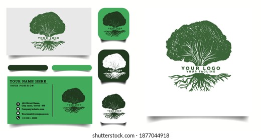 handrawn vintage tree logo template and business card Premium Vector