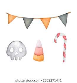 Handrawn watercolor Halloween decorations set. Watercolor Halloween garland, skull, candy corn, cane.