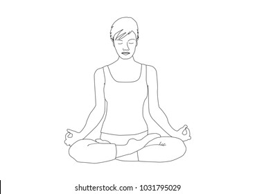 Handrawn woman with short hair practicing yoga, lotus position padmasana