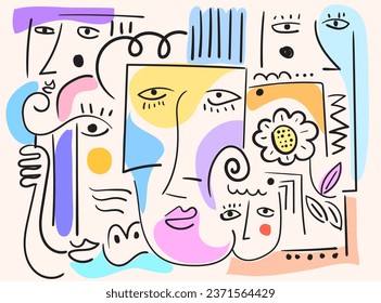 Hand-rendered background, embodying the cubist artistry of Picasso, with abstract doodle faces.