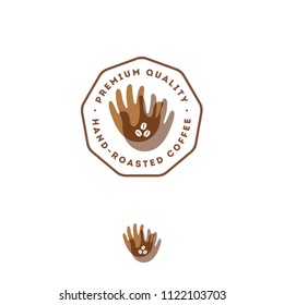 Hand-roasted coffee symbol. Brown transparent two palms and coffee beans with letters in badge. Hand picking icon. 