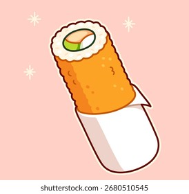 Handroll, tempura fried sushi roll, Chilean Japanese fast food. Cartoon vector illustration.