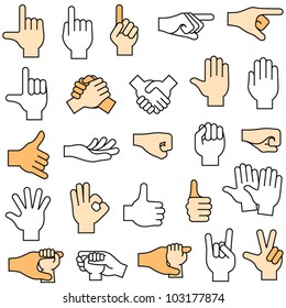 Hands. 25 hand shapes as simple outlines. Changeable line thickness. Each shape can be color filled or left empty.