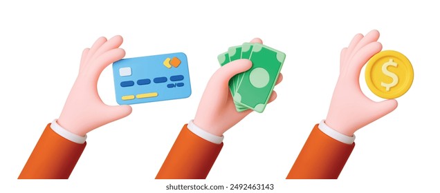 Hands 3d holding money. Dollar banknotes, coin and credit bank card. Businessman or investor, cash back payment. Finance render pithy vector elements