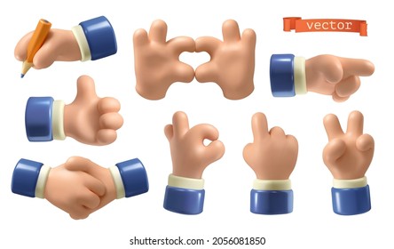 Hands 3d vector icon set. Handshake, heart sign, okay, thumb up, pointer gestures