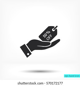 in the hands of the 50% tag icon, vector . 10 EPS