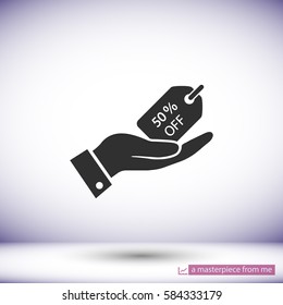 in the hands of the 50% tag icon, vector . 10 EPS