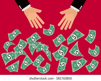 Hands from above pitch or throw money, dollars or cash down in the air 