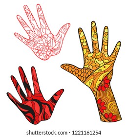 Hands with abstract colored patterns on isolation background. Design for spiritual relaxation for adults. Zen art. Doodles for banners, posters, t-shirts and textiles