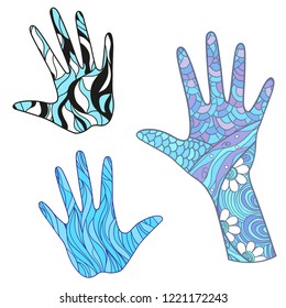Hands with abstract colored patterns on isolation background. Design for spiritual relaxation for adults. Zen art. Doodles for banners, posters, t-shirts and textiles