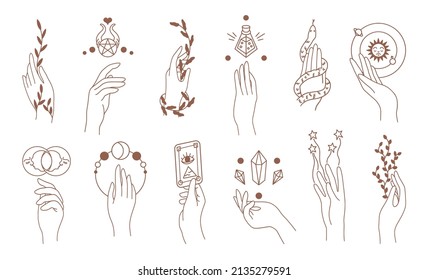 hands. Abstract hand drawn magic woman hands, doodle magic feminine symbols. Vector set