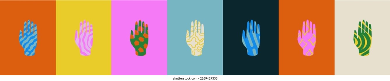 Hands with abstract hand drawn patterns. Naive cartoon concept for trendy prints or tatoo. Boho, comic, hippie vector illustration like in 80's and 90's. Waves, zig zag, lines, dots, stars ornament