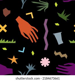 Hands and abstract objects seamless pattern. Vector design. Colorful silhouettes on the black  background.
