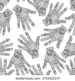 Hände mit abstraktem Ornament, nahtloser Hintergrund. Handgezeichnete Handpalmen auf Weiß. Schwarz-Weiß-Vektorgrafik.