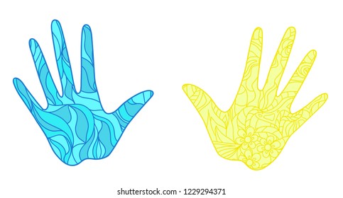 Hands with abstract patterns on isolation background. Design for spiritual relaxation for adults. Zen art. Doodles for banners, posters, t-shirts and textiles