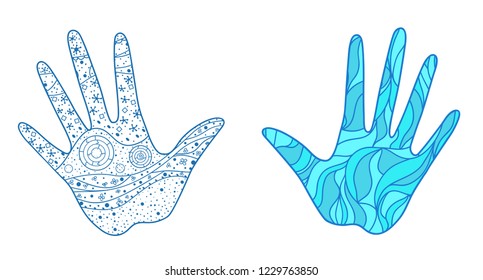 Hands with abstract patterns on isolation background. Design for spiritual relaxation for adults. Zen art. Doodle for banners, posters, t-shirts and textiles