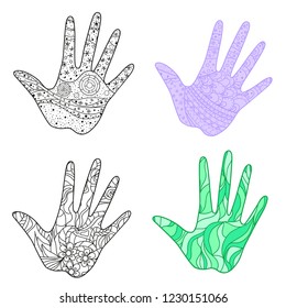 Hands with abstract patterns on isolation background. Design for spiritual relaxation for adults. Zen art. Doodles for banners, posters and textiles