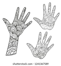 Hands with abstract patterns on isolation background. Design for spiritual relaxation for adults. Zen art. Doodles for banners, posters and textiles. Black and white illustration for coloring