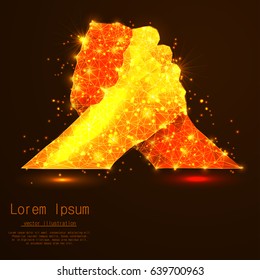 Hands of an abstract polygon in gold. Low poly, lines and associated with form, vector illustration.