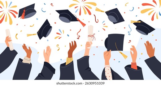 Hands in academic gowns holding diploma, throwing up graduation caps Happy moments of celebration finishing college Symbol of success, achievement Vector design for education themed invitation, banner