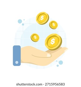 Mãos que aceitam moedas de ouro simbolizando rendimentos e ganhos. Ilustração vetorial para conceitos financeiros, de pagamento, de participação nos lucros e de fluxo de dinheiro.