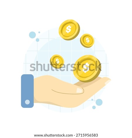 Hands accepting gold coins symbolizing income and earnings. Vector illustration for finance, payment, profit sharing, and money flow concepts.