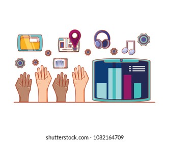 hands with accessories and social media set icons