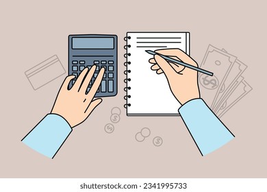 Hands of accountant using calculator for auditing and making entries in financial journal, located at table with money. Accounting services for preparation of financial analysis for business clients