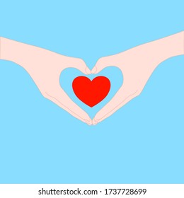  hands are act like heart and has red heart inside on the blue background. valentine, encouragement, love, donate, care concept. Illustration vector.