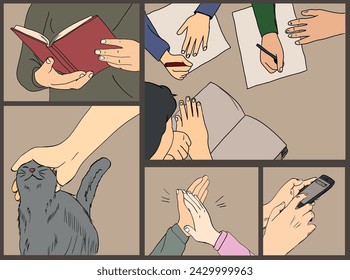 Hands in action vector cartoon images. Holding a book, writing, holding a phone, high-fiving, petting a cat.