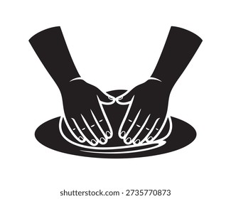 Hands actively pressing down on a round shape symbolizes the artisan process of kneading dough or centering clay on a potter's wheel for creative handmade goods.