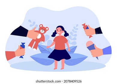 Hands of activists giving toys and sweets to happy child. Girl enjoying gifts flat vector illustration. Charity, help for children, kindness concept for banner, website design or landing web page