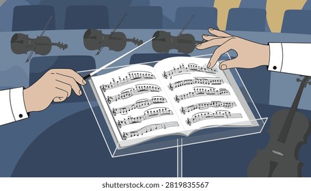 Hands adjusting sheet music on stand during orchestral performance practice.