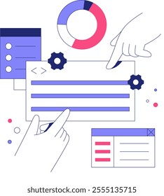 Hands Adjusting UI Elements In Flat Vector Illustration Symbolizing Software Customization, Interface Design, And Creative Editing, Isolated On White Background.