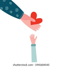 Hands Of An Adult And A Child, Heart. The Concept Of Love, Care, Adoption, Foster Parents, Protection From Violence. Vector Flat Illustration Isolated On White Background.