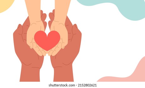 The hands of an adult and a child hold a heart. The concept of hope and love, volunteering. Vector stock illustration in flat style.