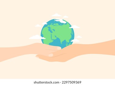 Hands of an adult and a child holding the planet Earth in their palms. Flat vector illustration