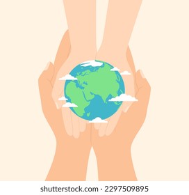 Hands of an adult and a child holding together the planet Earth in their palms, top view. Flat vector illustration